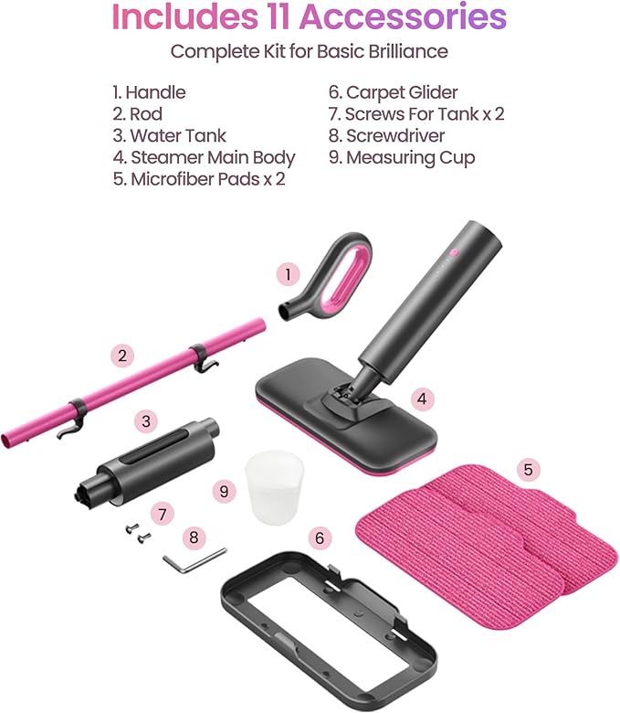 Schenley Steam Mop Cleaner Powerful - 15s Fast Heat-Up, Chemical-Free for Hardwood/Tile/Laminate & Floors/Walls, Washable Pads, 3 Modes for Carpet, Lightweight, Self-Standing, Sleek Design