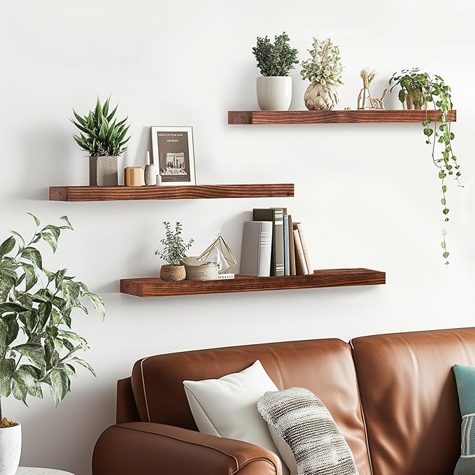 Floating Wall Shelves 3-Pack - 24-Inch Rustic Brown Wooden Shelves for Storage and Décor, Easy Installation for Living Room, Bedroom, and Kitchen