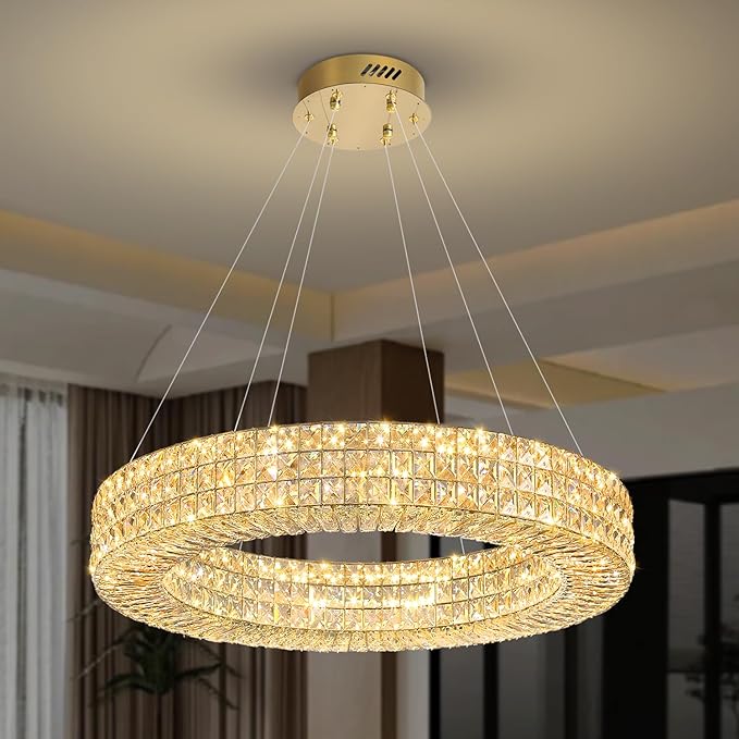 Dia 24" Modern Crystal Chandelier Gold Ring Chandelier Adjustable Height Luxury Crystal Pendant Ceiling Light Fixture for Dining Living Room Bedroom