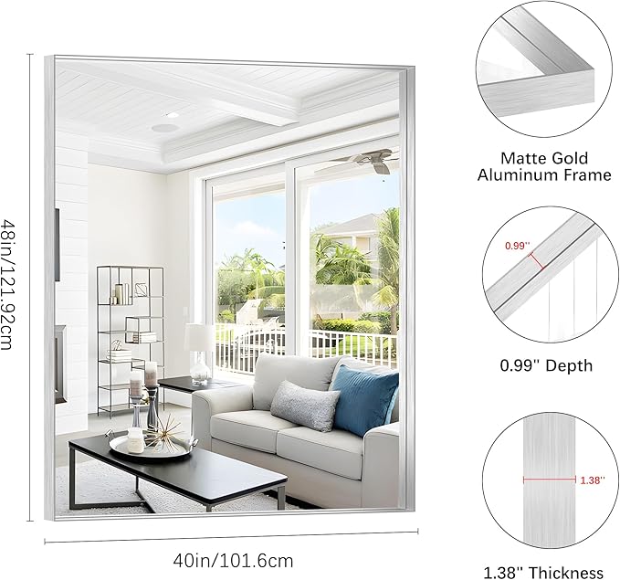 Silver Bathroom Mirror, 40x48 Inch Rectangular Framed Mirror, Large Wall Mounted Bathroom Vanity Mirror Over Sink for Bedroom,Restroom, Living Room, Hangs Vertically or Horizontally