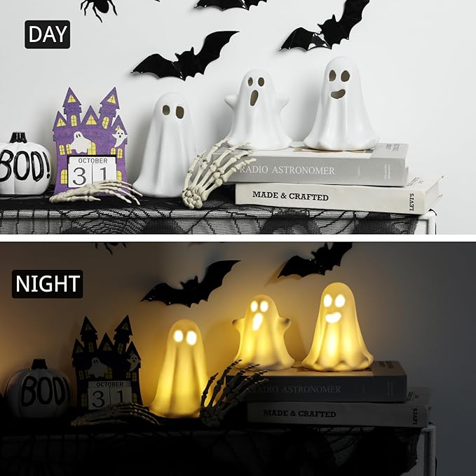 3 Pack Halloween Ceramic Ghost Decor, Light Up Ghost Halloween Decor, Cute Ghost Figurines for Table Tray Fireplace Home Indoor Decoration