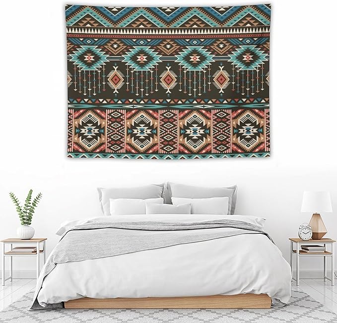 HZOHNAGO Aztec Tapestry Turquoise Blue and Brown and Native American Tribal Pattern Printed Wall Tapestry Wall Hanging for Bedroom Living Room Dorm 40" W x 30" H