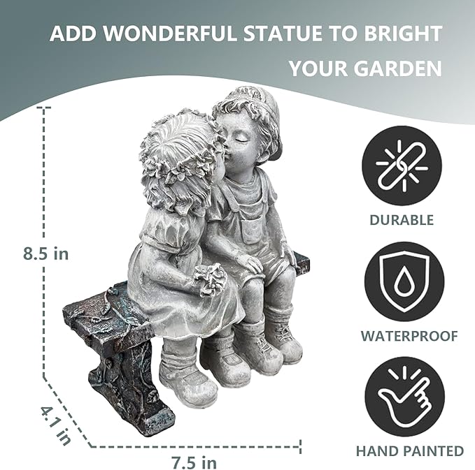 Elenon Boy and Girl Garden Statue Outdoor Decorative, Couple First Kiss Garden Sculpture for Yard Patio Art Flower Bed Decoration, 8 1/4" L x 4 3/4" W x 9" H