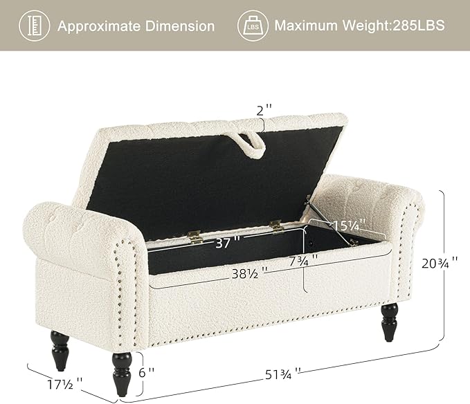Furniliving Modern Storage Ottoman Bench, Sherpa Ottoman End of Bed Bench with Solid Wood Legs Upholstered Ottoman Benches with Storage Indoor Bench for Living Room with Rolled Arm, Entryway, White