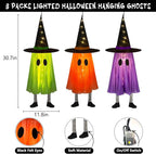 DAZONGE Halloween Decorations Outdoor, 3 Packs Hanging Ghost Halloween Decor with String Lights Battery Operated, Ghost Decor with with Hat for Home Yard Porch