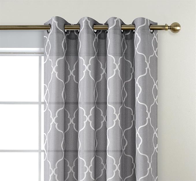 MIUCO Moroccan Embroidered Semi Sheer Curtains Linen Look Grommet Curtains for Living Room 52 x 84 Inch Set of 2, Grey