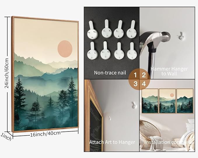 SIGNINART Large Mountain Framed Canvas Wall Art Set, Abstract Misty Forest Wall Decor, Foggy Nature Pine Tree Wall Painting, Modern Boho Sunrise Art Prints for Bedroom Living Room and Office 24"x36"x3