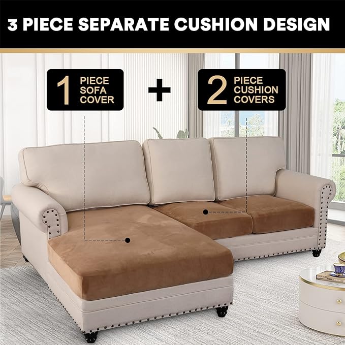 PrinceDeco Sectional Couch Covers 3 Pieces Velvet Sofa Covers L Shape Soft Couch Covers for Sectional Sofa Corner Sofa Cover Couch Cover for Dogs Washable (2 Seater + 1 Chaise,Camel)