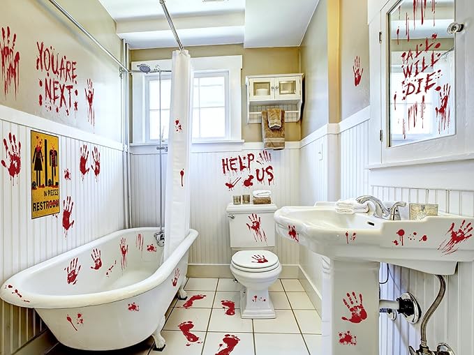 Halloween Window Clings Decorations, Bloody Handprint and Footprint Stickers, Scary Halloween Party Decor for Windows and Cars, Indoor/Outdoor Use - 12 Sheets