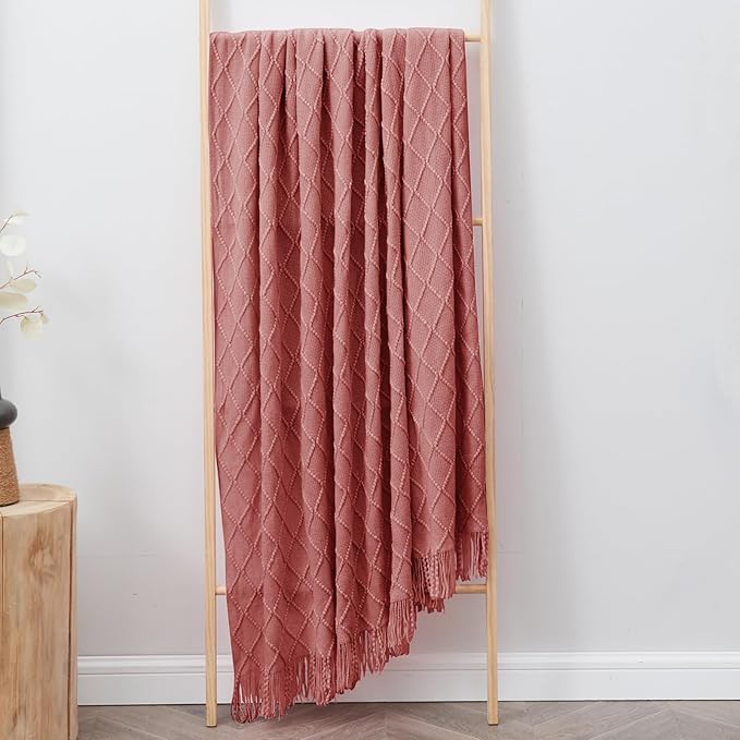 InHand Knitted Throw Blanket for Couch and Bed, Soft Cozy Knit Blanket with Tassel, Coral Pink Lightweight Decorative Throw, Farmhouse Warm Woven Throw for Men and Women, 50"x60"