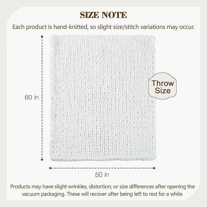 Carriediosa Chunky Knit Throw Blanket 50" X 60", 100% Hand Made Large Chenille Loop Yarn Soft Fluffy Throws for Couch Sofa Bed, Big Crochet Cozy Heavy Thick Cable Woven Blankets, Snow White