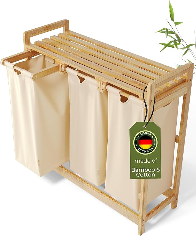 Laundry Hamper 3 Section beige - Large Bamboo Laundry Sorter with Removable Cotton Bags -Three Compartment Organizer for Clothes - Durable, Eco-Friendly, and Stylish Storage Solution for Home