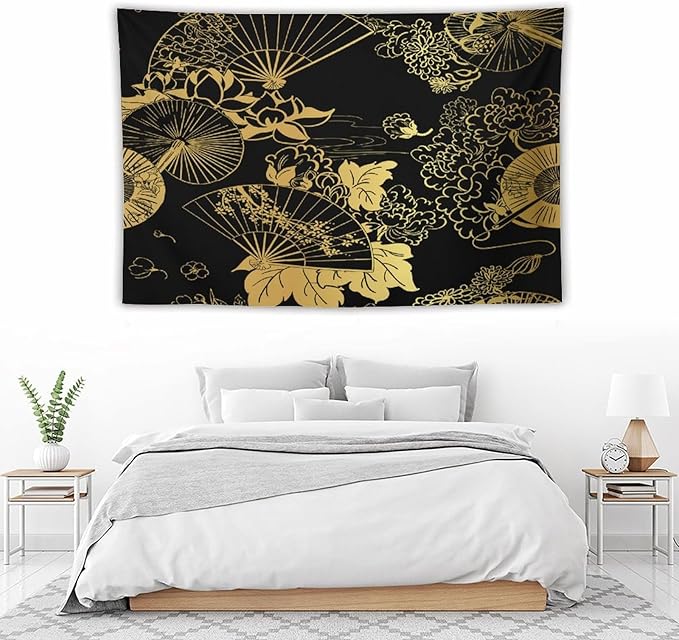 HZOHNAGO Japanese Tapestry Gold Flowers Umbrella Fan Pattern Printed Wall Tapestry Painting Wall Hanging for Bedroom Living Room Dorm 60" W x 40" H