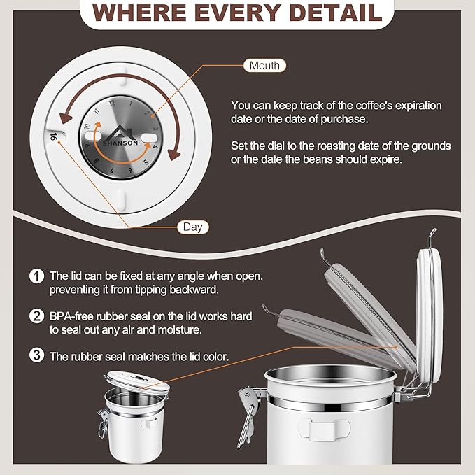 ShanSon Coffee Canister Airtight Coffee Container Stainless Steel Coffee Bean Storage Container with Scoop Coffee Canister for Beans Grounds Sugar Flour Tea Cereal,22OZ, White