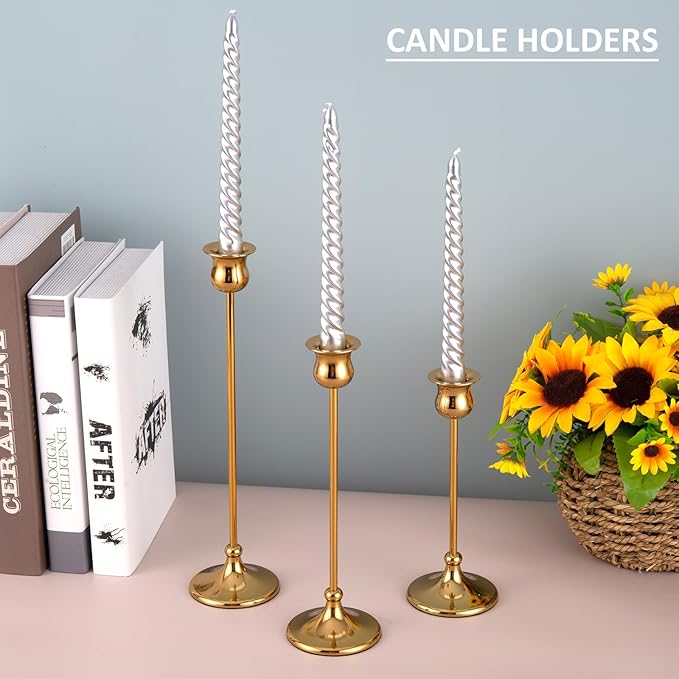 Taper Candle Holder Tall Vintage Metal Candlestick Holders Candle Stick Candelabra for Halloween Thanksgiving Christmas Holiday Wedding (Gold, 2 Sets (6 pcs))