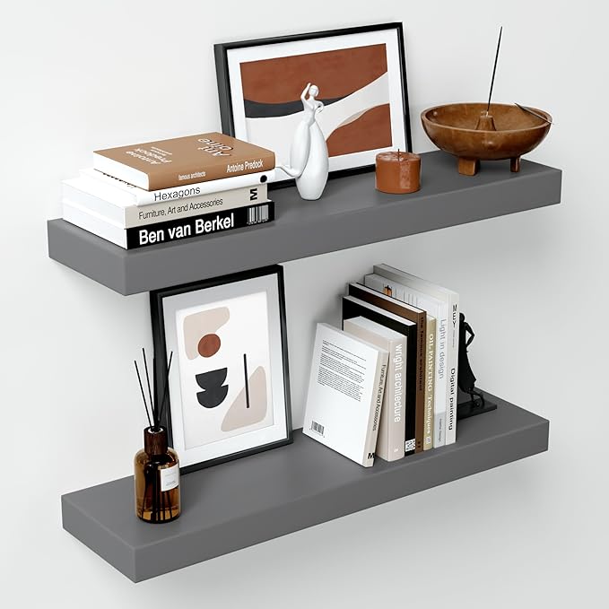 Homeforia 24inch Gray Floating Shelves for Wall, High End Solid Real Wood 24in Floating Shelf for Bathroom, Grey Wooden 24 inch Long Floating Shelves, Heavy Duty Bracket, 24 X 6.5 X 1.75 in, Set of 2