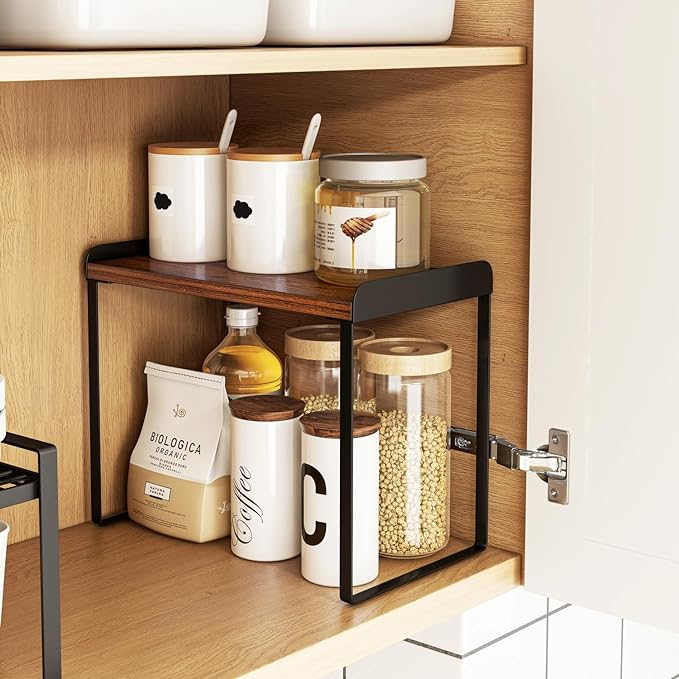 Mitus Shelf Organizer and Storage, Tiered Wood Cabinet Rack for The Kitchen Counter, Bathroom Counter, Pantry Cupboard, Office Desk Bookshelf, 16" Wide Walnut Brown and Black