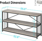 LVB Farmhouse Industrial Console Table, Wood Metal Foyer Entryway Sofa Tables with Storage, 3 Tier Long Rustic Entry Table TV Stand with Shelves for Home Living Room Hallway, Light Grey Oak, 55 Inch