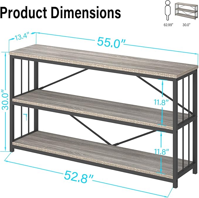LVB Farmhouse Industrial Console Table, Wood Metal Foyer Entryway Sofa Tables with Storage, 3 Tier Long Rustic Entry Table TV Stand with Shelves for Home Living Room Hallway, Light Grey Oak, 55 Inch