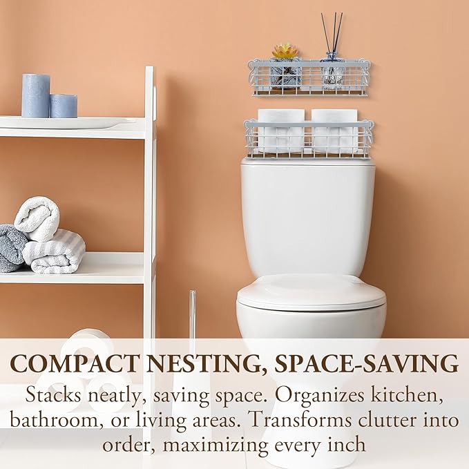 MyGift 13 and 12 Inch Nesting Storage Baskets with Handles, Wall Mounted or Tabletop White Metal Wire and Premium Acacia Wood Decorative Shelf Organizer Bins, 2 Piece Set