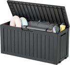 KAMABOKO Deck Box, 75 Gallon Resin Indoor and Outdoor Storage Boxes Waterproof for Garden Tools, Pool Accessories Storage Bench, Patio Furniture and Cushions with Lockable Lid, Black