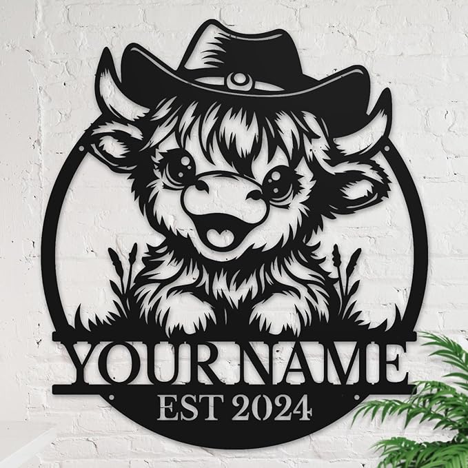 Personalized Highland Cow Name metal Signs,Custom Highland Cow Metal Shed Wall Decor,Black Metal Wall Art Plaques Outdoor wall Decorative Signage (Style A)
