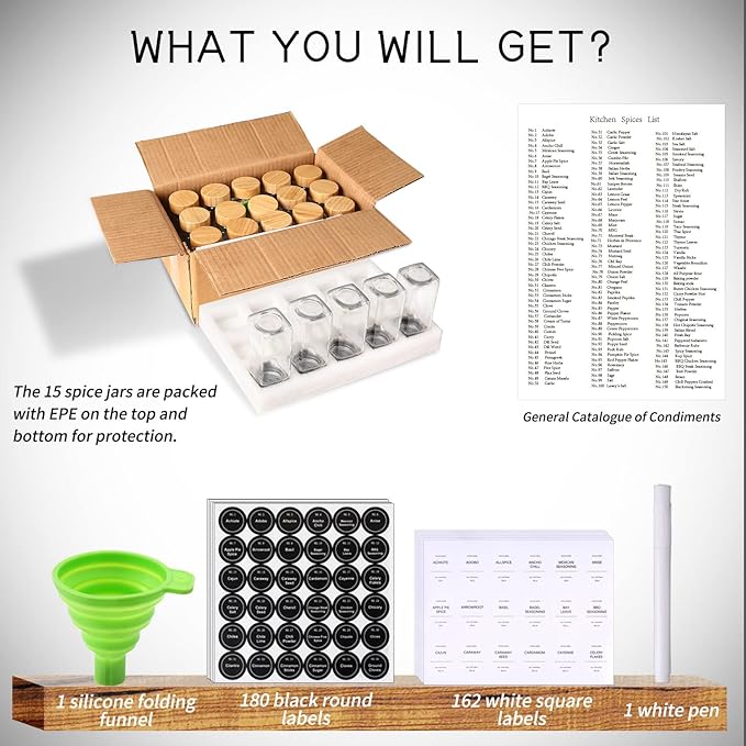 DIMBRAH Spice Jars with Label-4oz 36Pcs, Glass Spice Jars with Bamboo Lids, Container Set with White Printed Labels,Kitchen Empty Jars with Shaker Lids