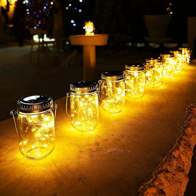 Cooo 6 Pack Solar Lanterns Outdoor Waterproof Upgraded Crystal Glass Solar Mason Jar Lights 30 LED 215% Larger SolarPanel, Anti-Rust Lid Hanging Outdoor Lanterns for Patio Garden Porch
