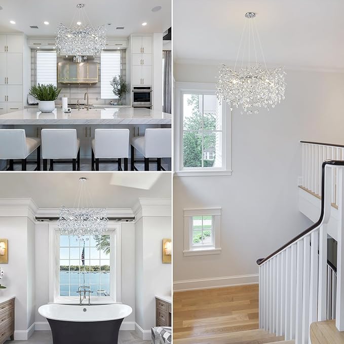 Modern Round Crystal Chandeliers, 30" Crystal Chandeliers for Dining Room,Silver Tree Branches Chandelier, for Living Room,High Ceiling,Foyer,Entryway,Kitchen Island