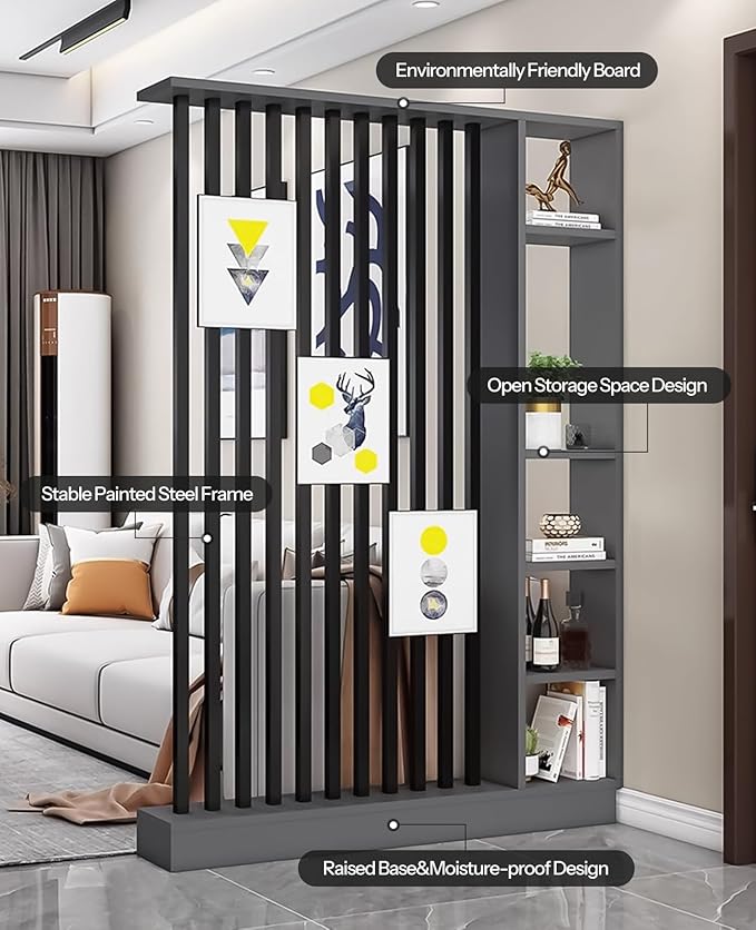 Wall Room Divider, Storage Cabinet Storage Display with Shelves, Modern Freestanding Wood Room Divider Screen, Wall Privacy Screens for Home Decorative (Grey+Black,55" L x 9.5" W x 79.5" H)