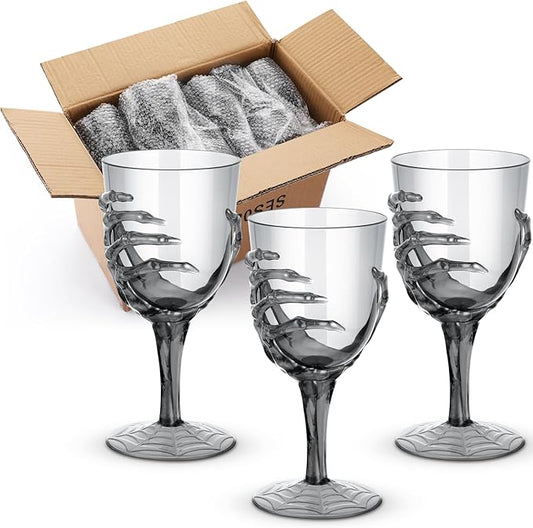 Dandat 24 Pcs Halloween Skeleton Hand Goblets 12oz Clear Plastic Halloween Cups Skull Wine Glass Set for Creepy Spooky Party Decorations (Black)
