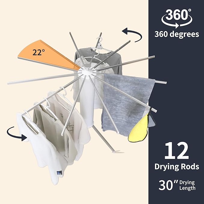 Clothes Drying Rack Tripod, Portable & Foldable Laundry Hanger Dryer - Aluminum, 12 Rods