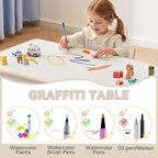Kids Study Table and Chairs Set, Height Adjustable Toddler Table and Chair Set for Kids Ages 3-8, Graffiti Desktop (Burlywood - 1)