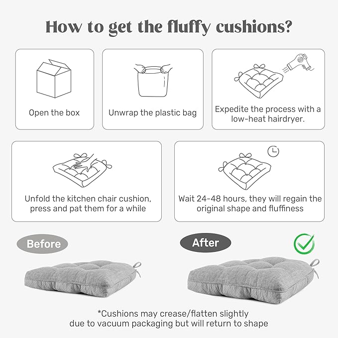 puredown® Chair Cushions for Dining Chairs, Tufted Memory Foam Chair Pads with Non-Slip Backing, Kitchen Seat Cushions with Ties, Washable Seat Pads Set of 4, 15.5" x 15.5" x 4", Navy
