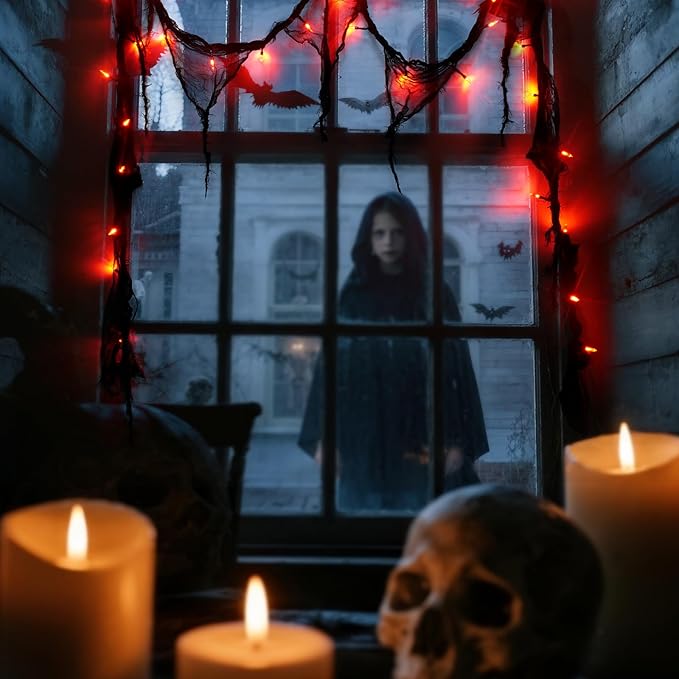 Halloween Horror Atmosphere Lights, Orange&Purple LED String Lights with 9.9FT Creepy Black Gauze, Battery Powered with Timer & 8 Flashing Modes (2 Pack Red)