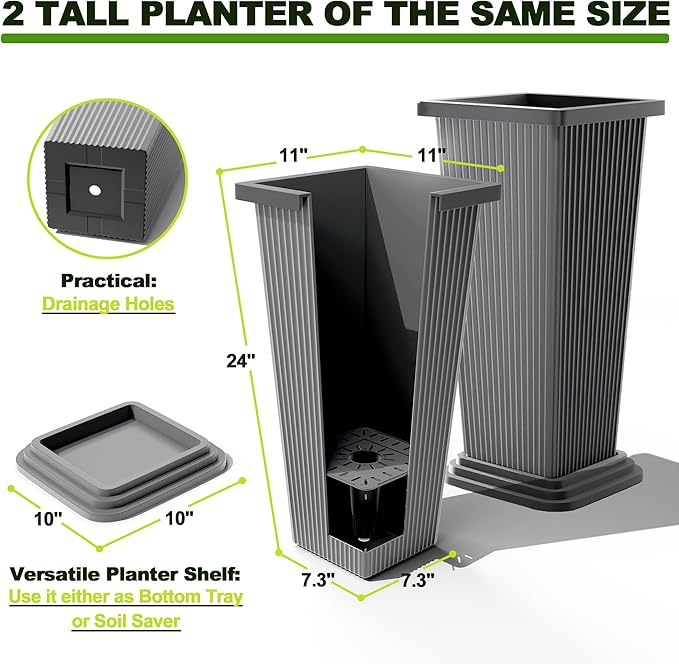 FENCY Set of 2 Tall Planters for Outdoor Plants, 24 Inch Large Tapered Pots with Drainage Trays, Weather-Resistant Plastic Plant Containers for Patio, Porch, Garden, Front Door Decor,Gray,Striped