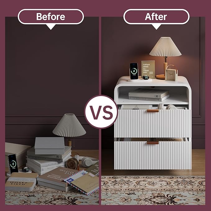 FURSUN 24" Fluted Nightstand Set of 2 with Charging Station, Wooden End Table with 2 Drawers Storage, Curved Profile Design, Modern Bedside Cabinet for Bedroom Living Room, White