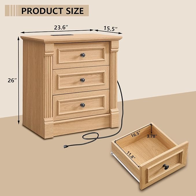 26" Tall Farmhouse Nightstand, 3 Drawers End Table w/Charging Station, 23.6" Wide Large Side Table w/Roman Column, Wood Rustic Sofa Table for Bedroom, Natrual