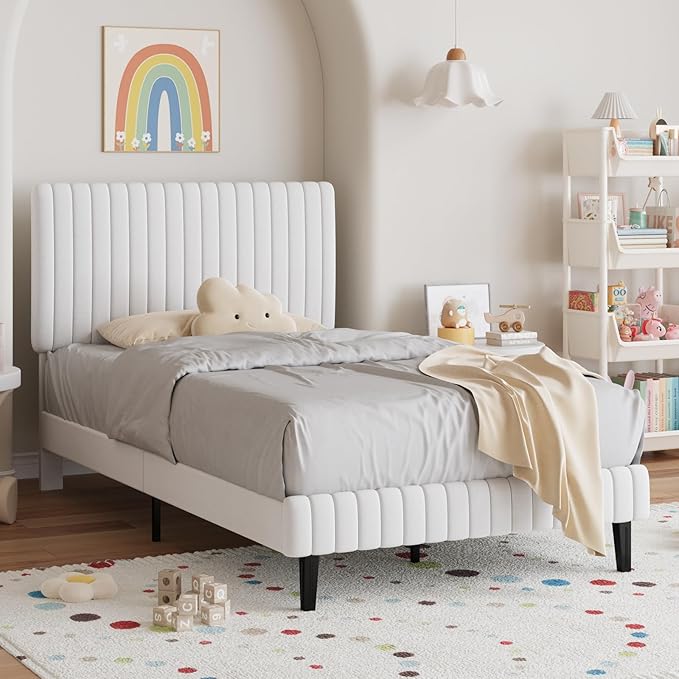 Twin Bed Frame, Velvet Upholstered Platform Bed with Vertical Channel Tufted Headboard and Footboard, No Box Spring Required, Easy Assembly, White