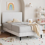 Twin Bed Frame, Velvet Upholstered Platform Bed with Vertical Channel Tufted Headboard and Footboard, No Box Spring Required, Easy Assembly, White