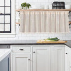 Sutuo Home Boho Sheer Curtain Valance Tier Crochet Lace with Bohemian Hollow Knitted Handmade Tassels, Short Farmhouse Window Treatment for Kitchen Cafe, Rod Pocket, 1 Panel 59" W x 36" L, Beige