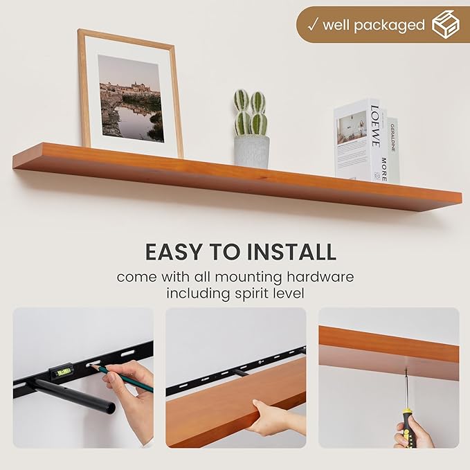 Fun Memories 55 Inches Floating Shelves - 8 Inch Deep Rustic Solid Pine Wood Wall Shelves for Storage - Farmhouse Wall Mounted for Living Room - Heavy-Duty Metal Bracket - 55" W x 8" D - Honey