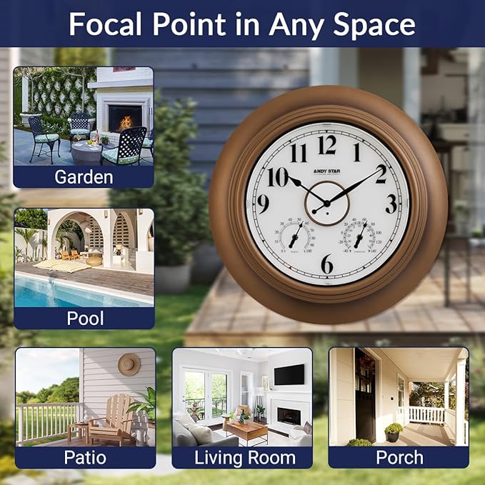 Andy Star 21 Inch Large Luminous Outdoor Wall Clock Waterproof with Temperature, Vintage Round Wall Clocks Battery, Oversized Pool Clock for Garden Patio Rustic Bronze Finish Silent Non Ticking Clock