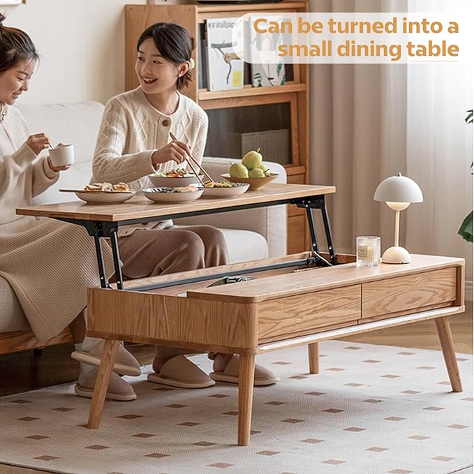 100% Solid Wood Lift Top Coffee Table for Living Room, Mid Century Modern Tables with Drawers and Large Storage, Oak Coffee Tables for Small Spaces (Oak Wood Log, 47.24" W x 23.62" D x 25.59" H)