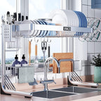 VNKZI Over Sink Dish Drying Rack, 2 Tier Full Stainless Steel Storage Adjustable Length (25.98'' to 36.61'') Kitchen Rack, Multifunctional Expandable Counter Organizer, Space Saver Dish Rack