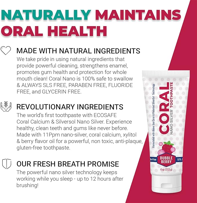 Coral Nano Silver Bubble Berry Kids Toothpaste, Natural Fluoride Free Teeth Whitening Toothpaste, Coral Calcium Nano Silver Infused SLS Free - 4 Ounces (4 Pack)