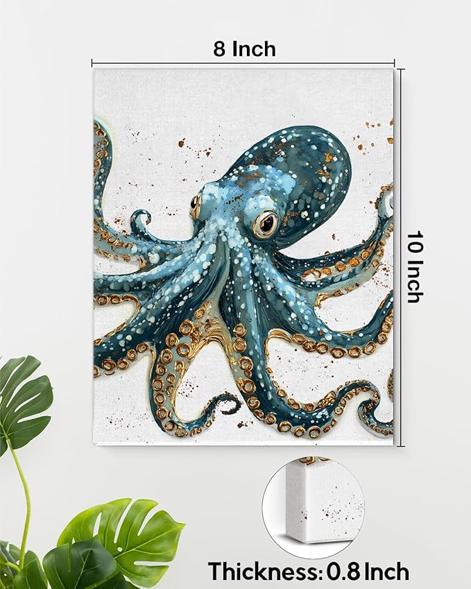 Nautical Octopus Canvas Wall Art Octopus Ocean Theme Print Poster Coastal Framed Picture Painting for Home Beach House Bedroom Wall Decor 8x10 Inch