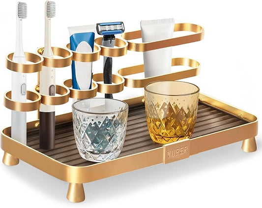 YUPER Bathroom Counter Organizer, Bathroom Organizers with Toothbrush Holder, Makeup Storage Shelf Vanity Tray Perfume Organizer, Bedroom Bar Corner Counter Storage Sink Shelf Gold