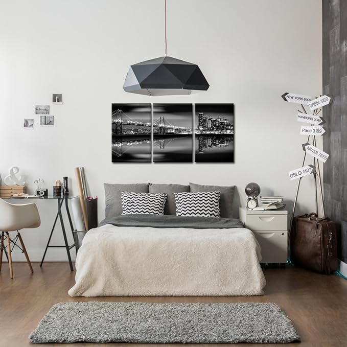 KREATIVE ARTS - San Francisco Bay at Night in Black and White Bridge 3 Panels Modern Landscape Artwork Canvas Prints Cityscape Pictures Paintings on Canvas Wall Art for Home Decor (12x16inchx3pcs)