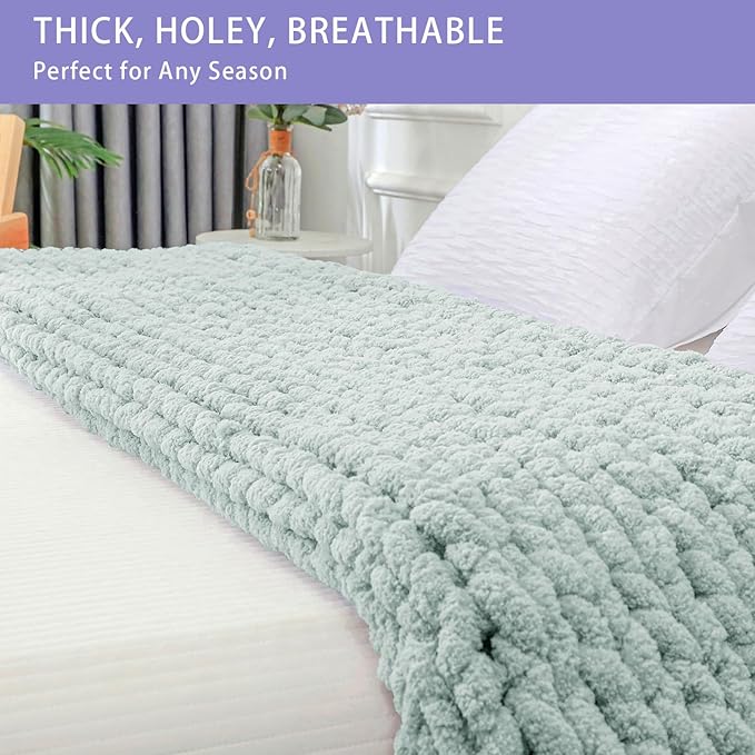 Bigacogo Chunky Knit Throw Blanket for Couch, 51x63 inches, 100% Hand Knitted with Thick Jumbo Chenille Yarn, Cozy Soft Large Rope Knot Cable Crochet Blankets for Sofa Bed Living Room, Mint